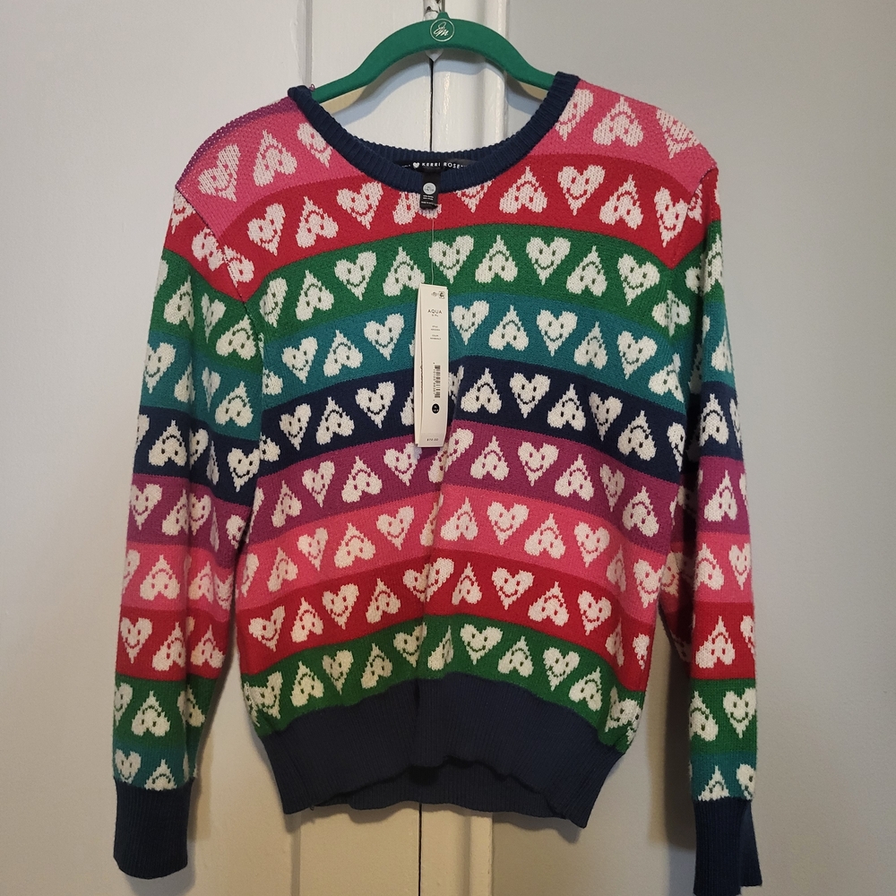 Aqua Multicolor Heart Pattern Sweater